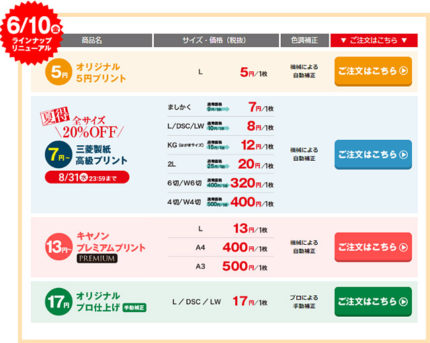 ネットプリントジャパンの価格一覧