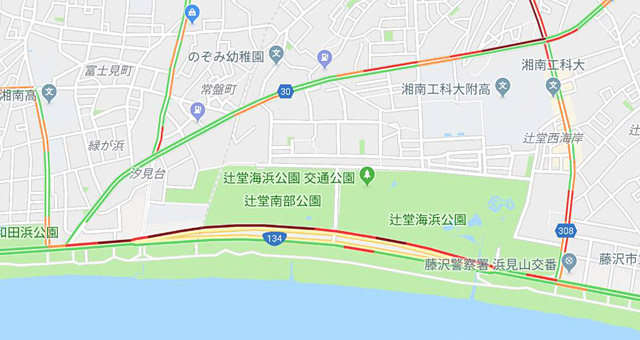 Googleマップを見てみると、辻堂海浜公園の駐車場渋滞が出来ている